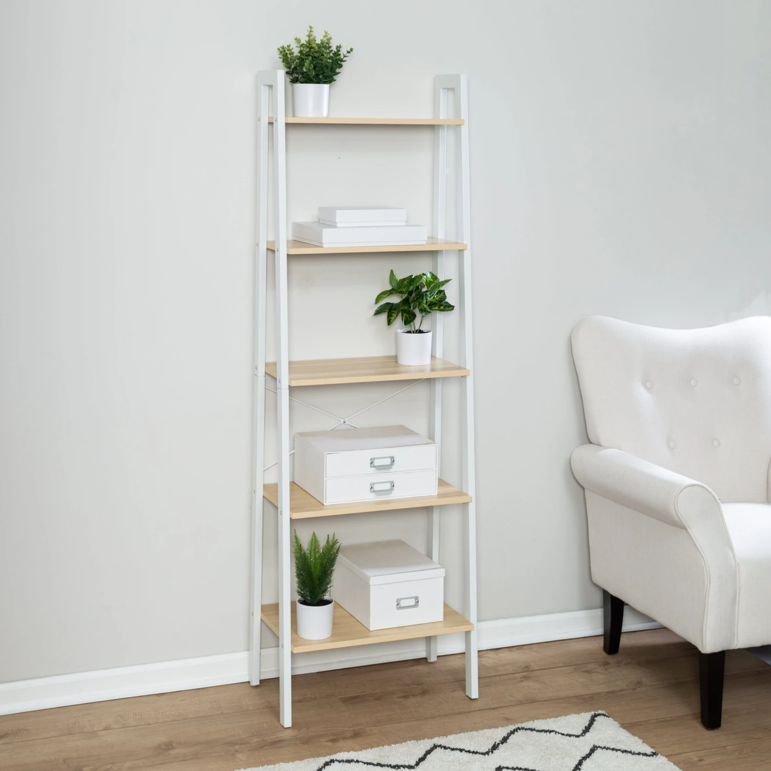 Natural/White 5-Tier Wood And Metal A-Frame Ladder Shelf - Image 2