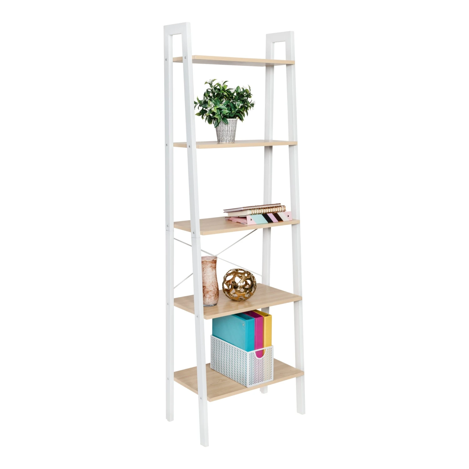 Natural/White 5-Tier Wood And Metal A-Frame Ladder Shelf