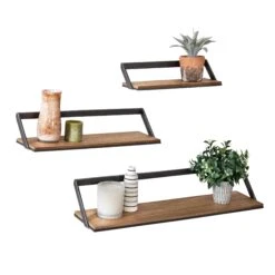 Black/Natural Floating Metal And Wood Wall Shelves (Set Of 3)