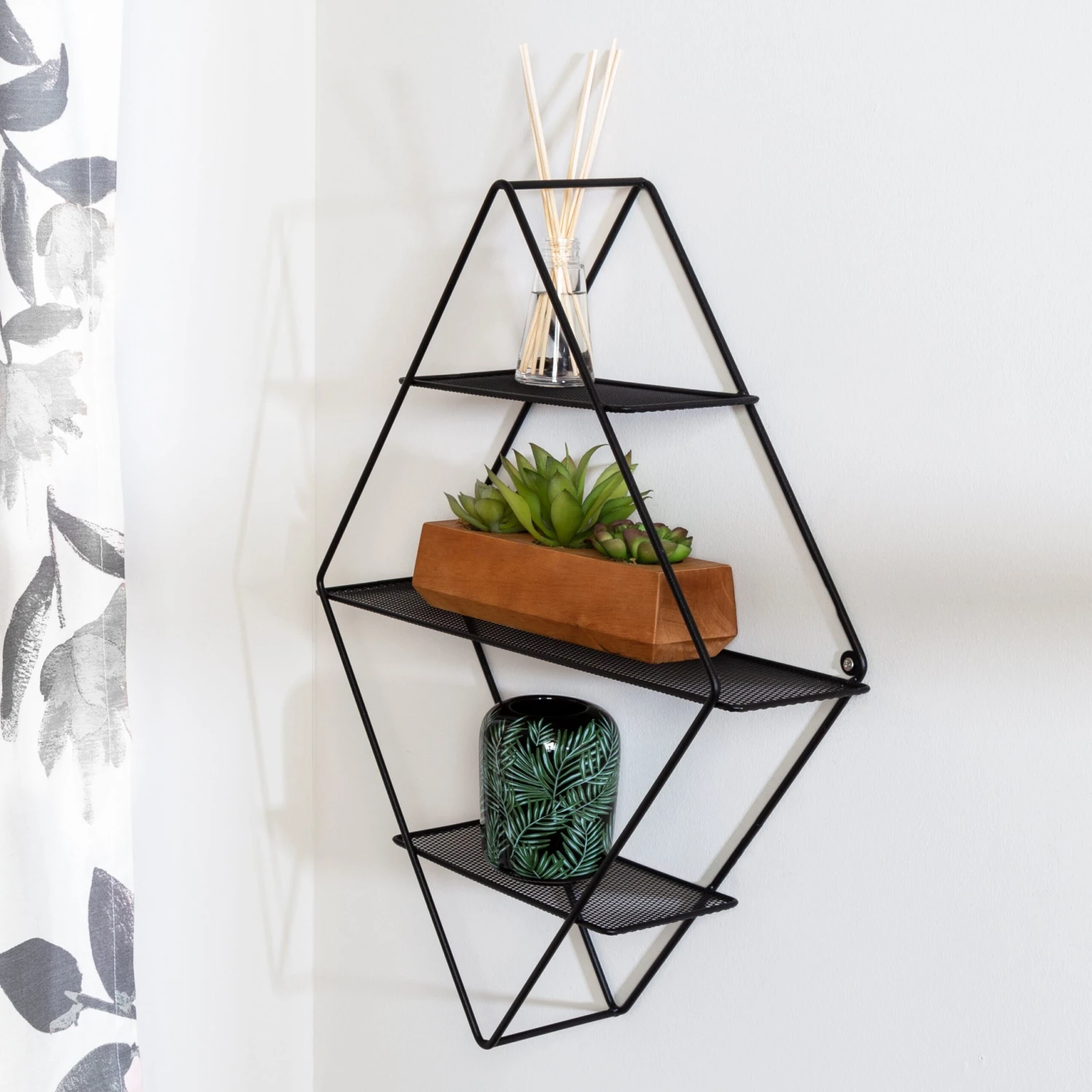 Black 3-Tier Metal Diamond Decorative Wall Shelf - Image 2