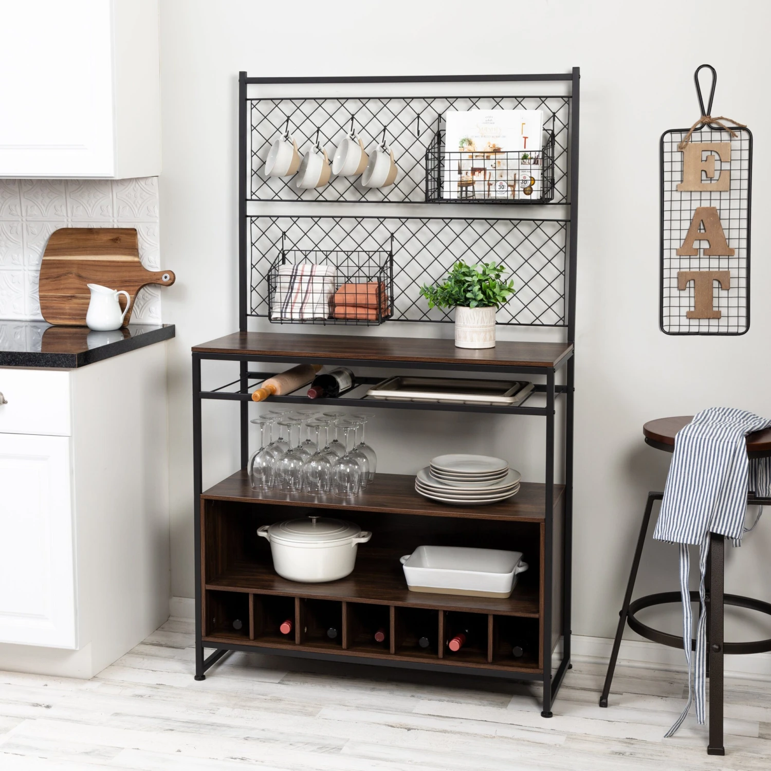 Black/Walnut Kitchen Bakers Rack With Wine Storage - Image 2