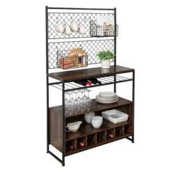 Black/Walnut Kitchen Bakers Rack With Wine Storage