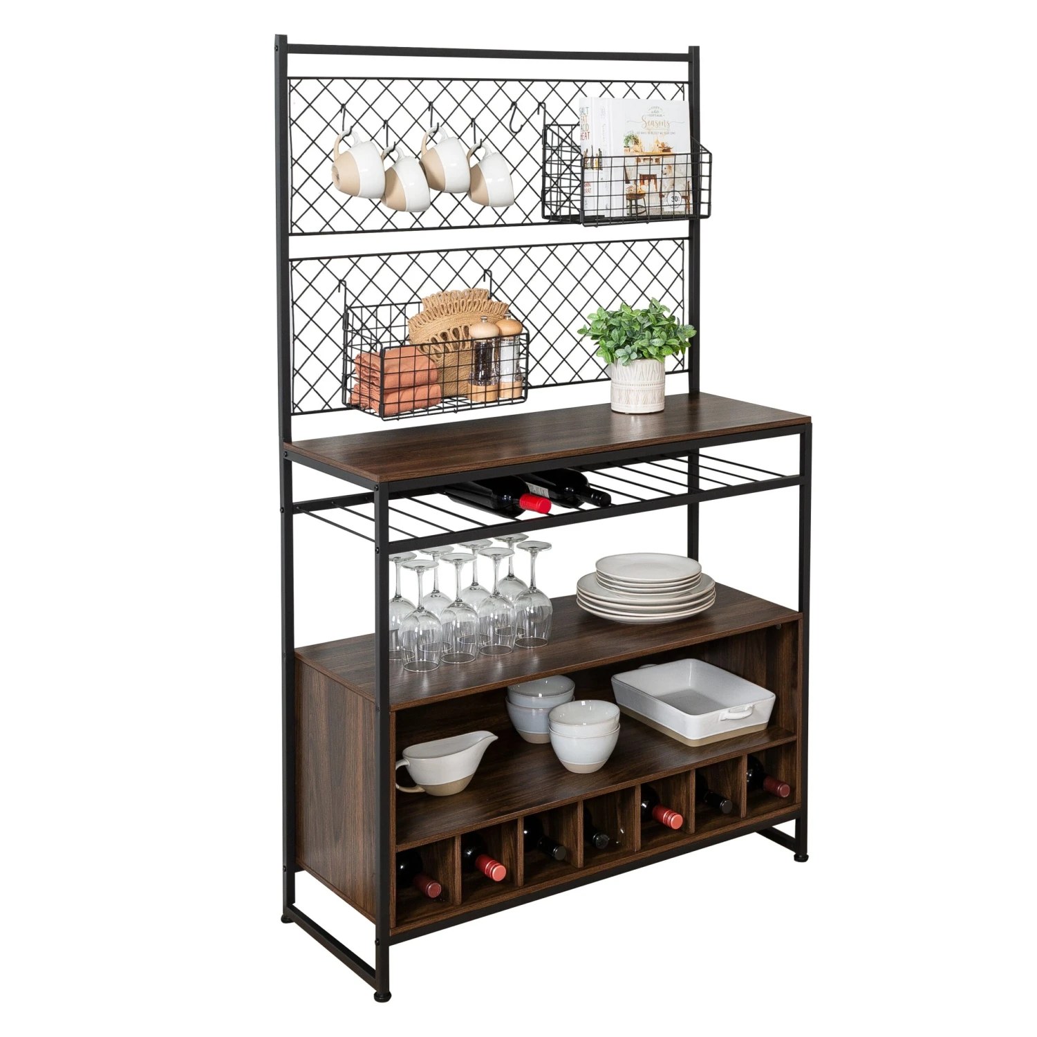 Black/Walnut Kitchen Bakers Rack With Wine Storage