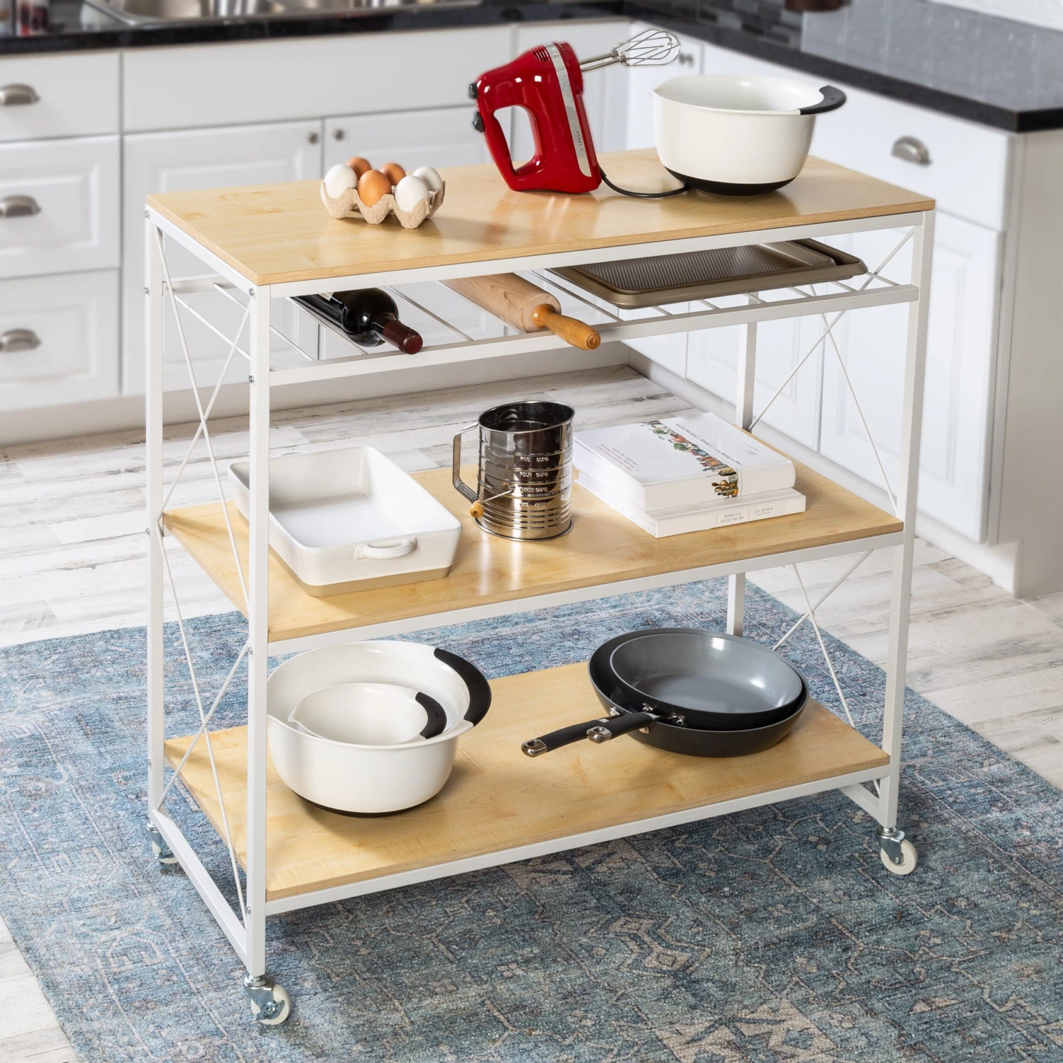 White/Oak 4-Tier Rolling Kitchen Island - Image 2