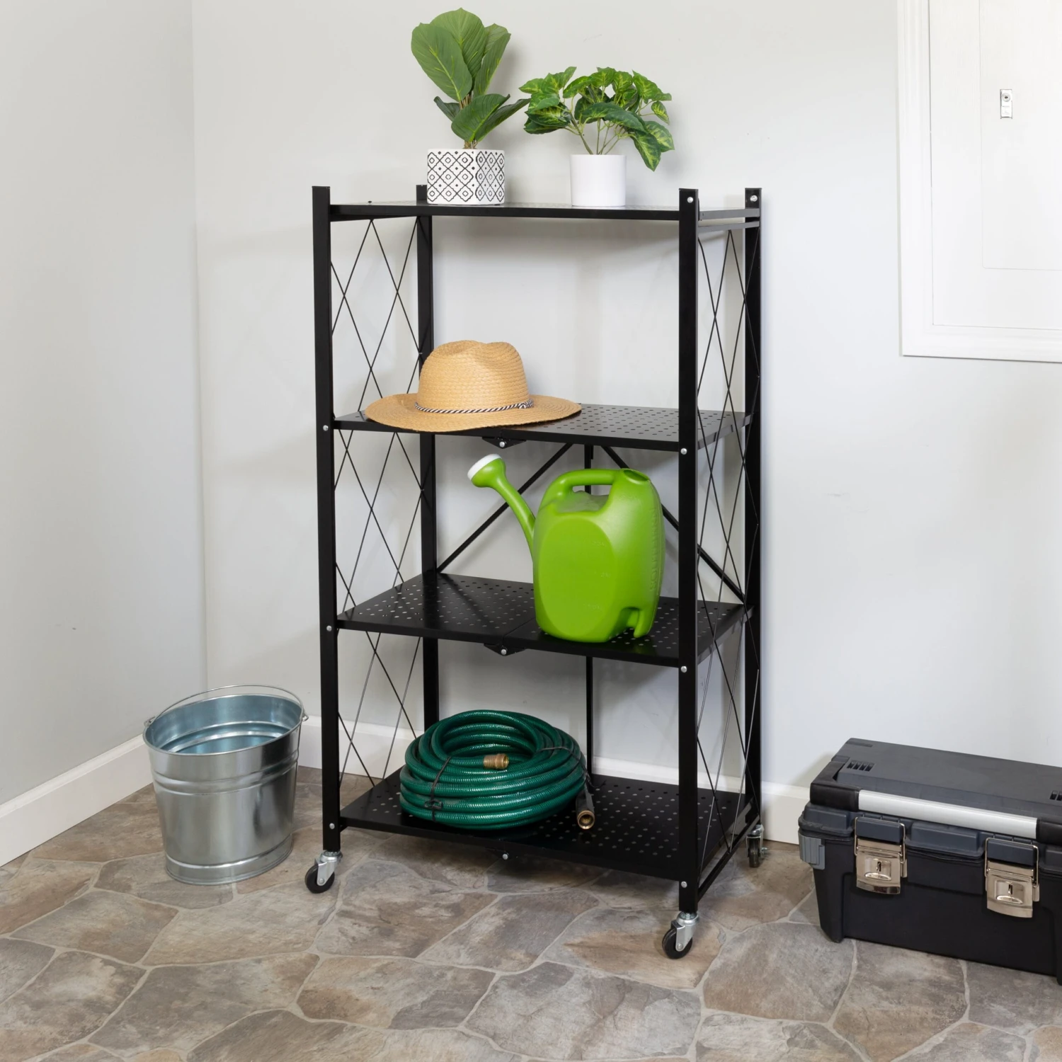 Black Folding 4-Tier Metal Rolling Shelf - Image 2