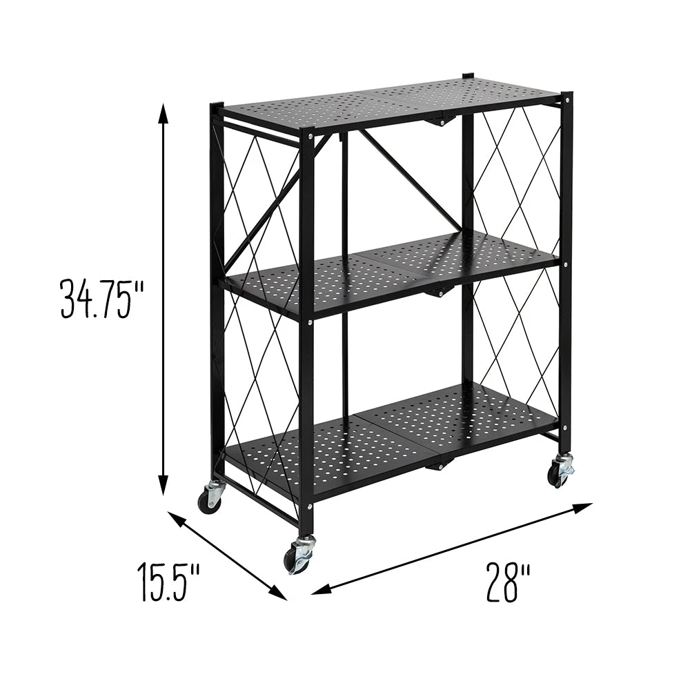 Black Folding 3-Tier Metal Rolling Shelf - Image 6