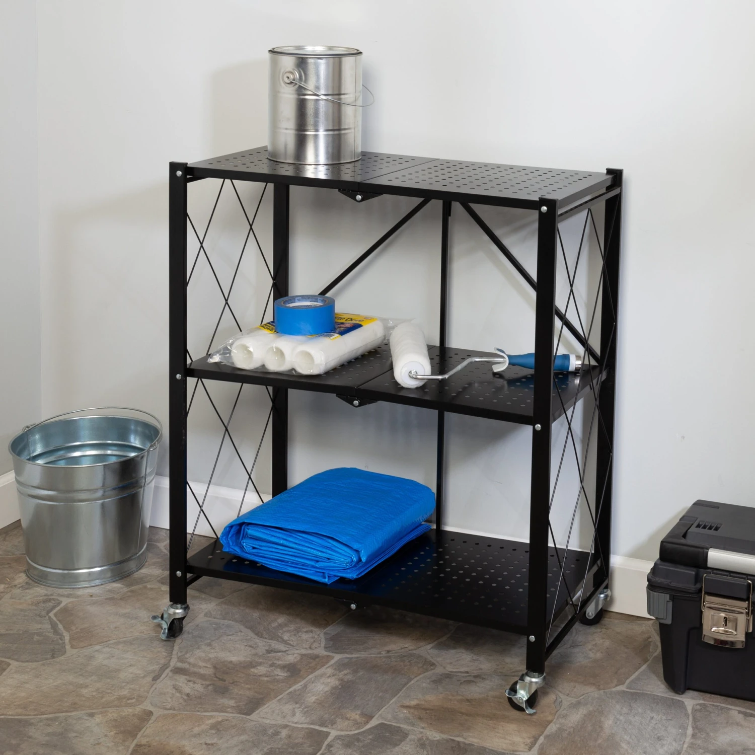 Black Folding 3-Tier Metal Rolling Shelf - Image 2