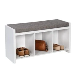 White/Gray 3-Cubby Organizer Bench With Shoe Storage