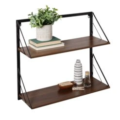 Black/Walnut Modern 2-Tier Wall Shelf With Easy To Hang Design