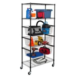 Black Rolling Adjustable Garage Shelving Unit With 3 Pull-Out Baskets