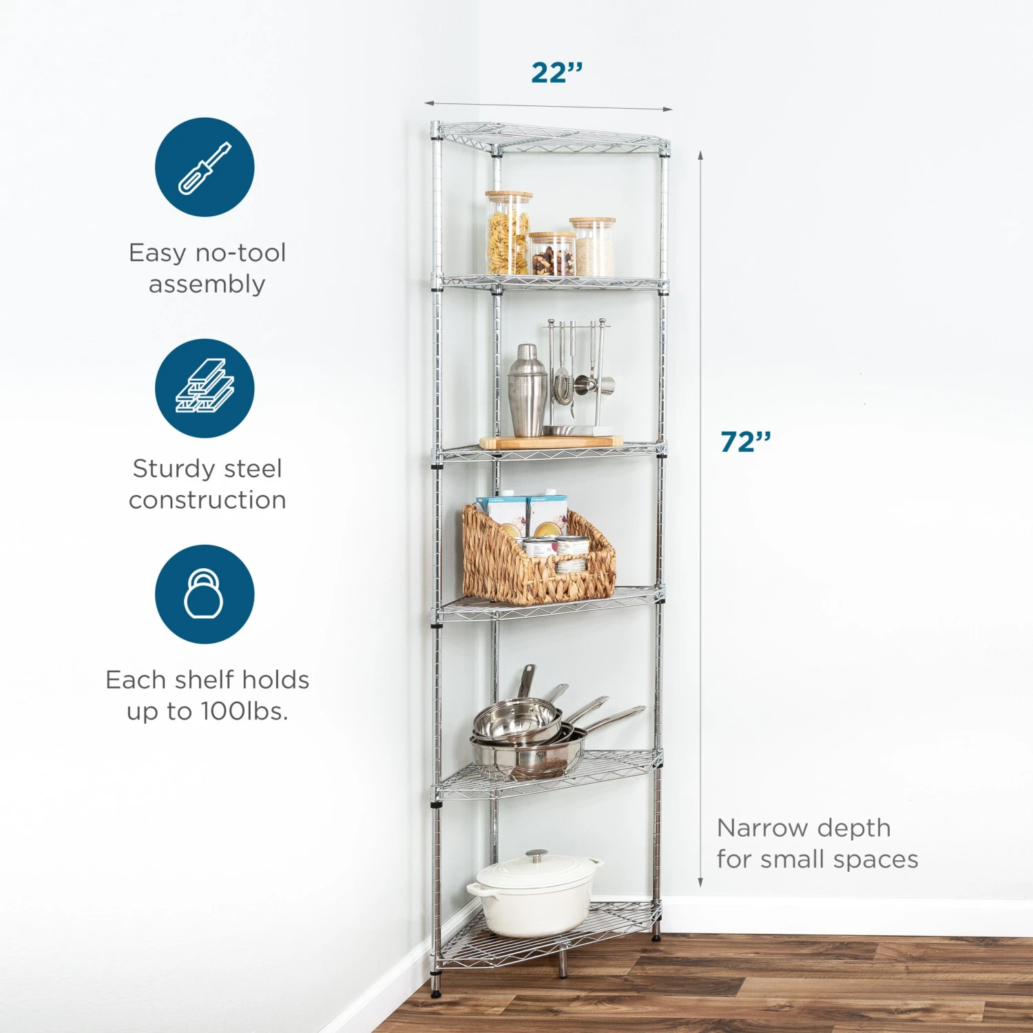 Chrome Steel 6-Tier Compact Corner Shelving Unit - Image 4