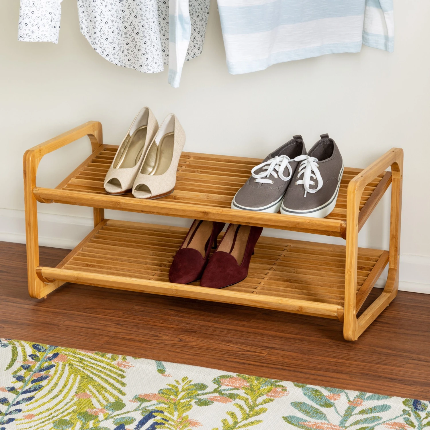 Natural 2-Tier Stackable Bamboo Shoe Rack - Image 2