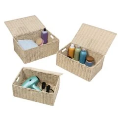 Natural Paper Rope Basket Set With Lids (Set Of 3)