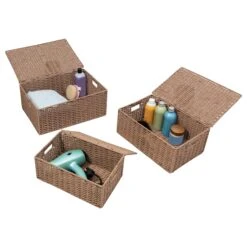 Taupe Paper Rope Basket Set With Lids (Set Of 3)