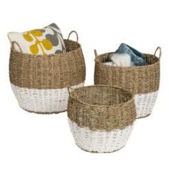 White/Natural Seagrass Round Nesting Baskets (Set Of 3)