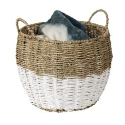 Natural & White Seagrass Medium Round Storage Basket With Handles