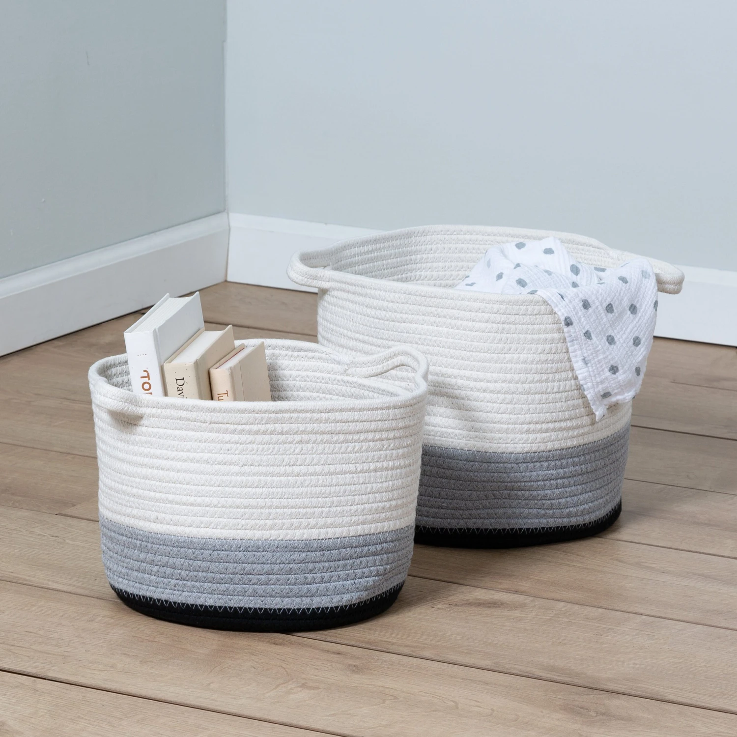 Black/White Ombré Cotton Rope Nesting Basket (Set Of 2) - Image 2