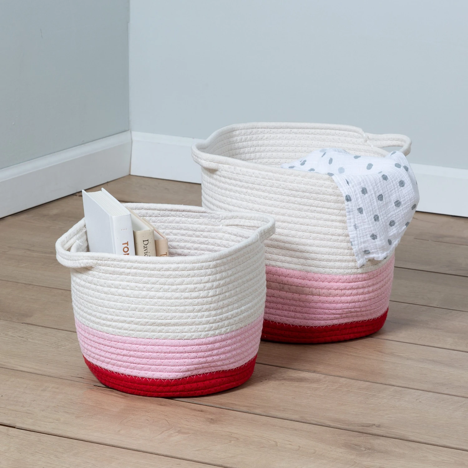 Red/White Ombré Cotton Rope Nesting Basket (Set Of 2) - Image 2