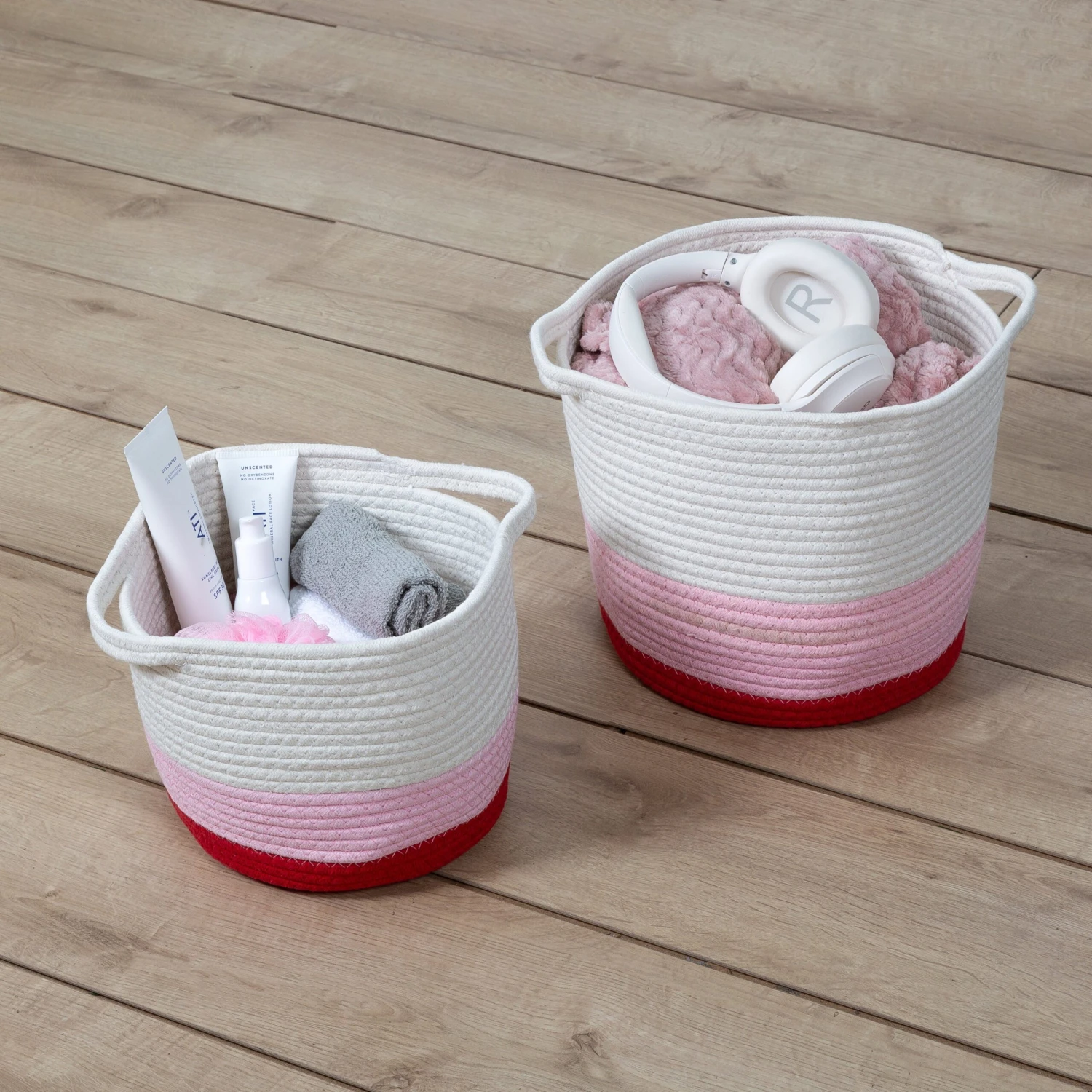 Red/White Ombré Cotton Rope Nesting Basket (Set Of 2) - Image 3