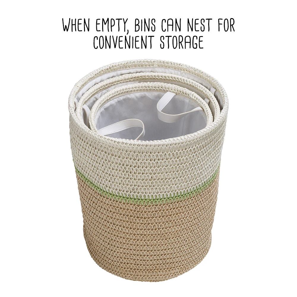 Green/Natural Paper Straw Nesting Baskets With Handles (Set Of 3) - Image 3