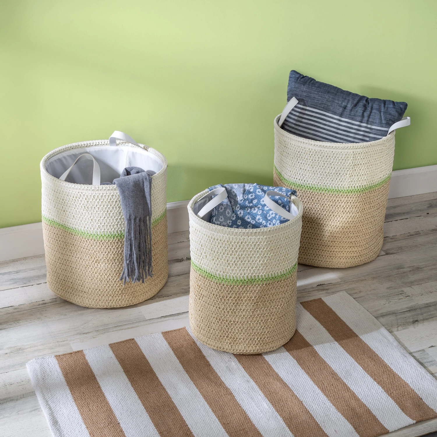 Green/Natural Paper Straw Nesting Baskets With Handles (Set Of 3) - Image 2