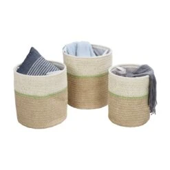 Green/Natural Paper Straw Nesting Baskets With Handles (Set Of 3)