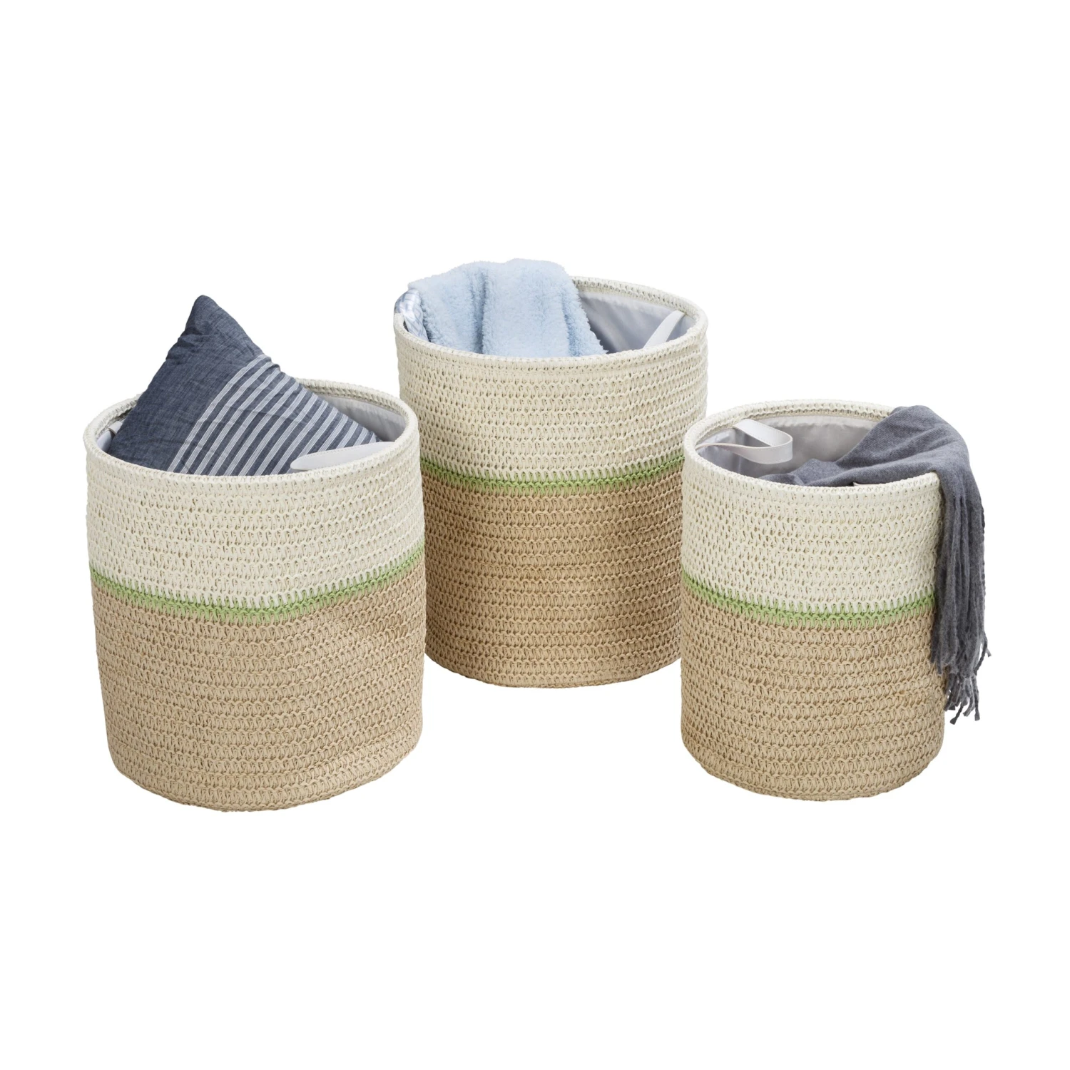 Green/Natural Paper Straw Nesting Baskets With Handles (Set Of 3)