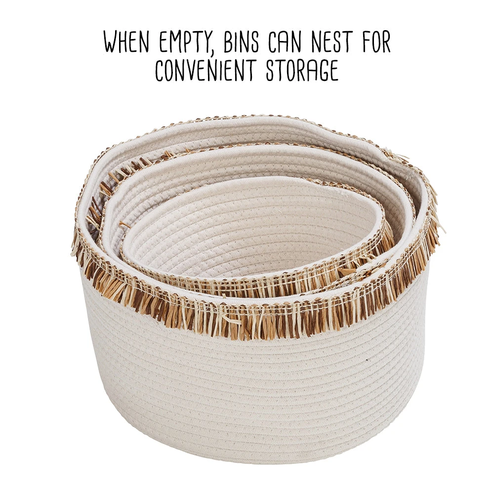 White/Natural Cotton Rope Nesting Baskets With Fringe (Set Of 3) - Image 6