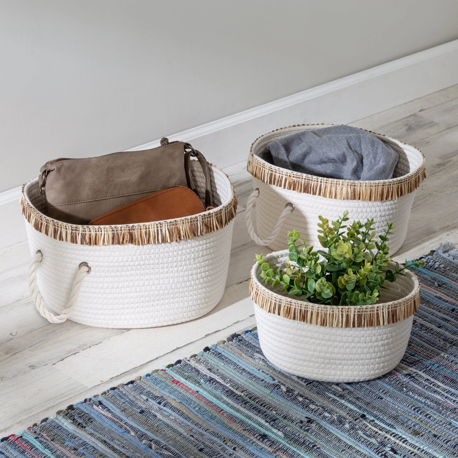 White/Natural Cotton Rope Nesting Baskets With Fringe (Set Of 3) - Image 2