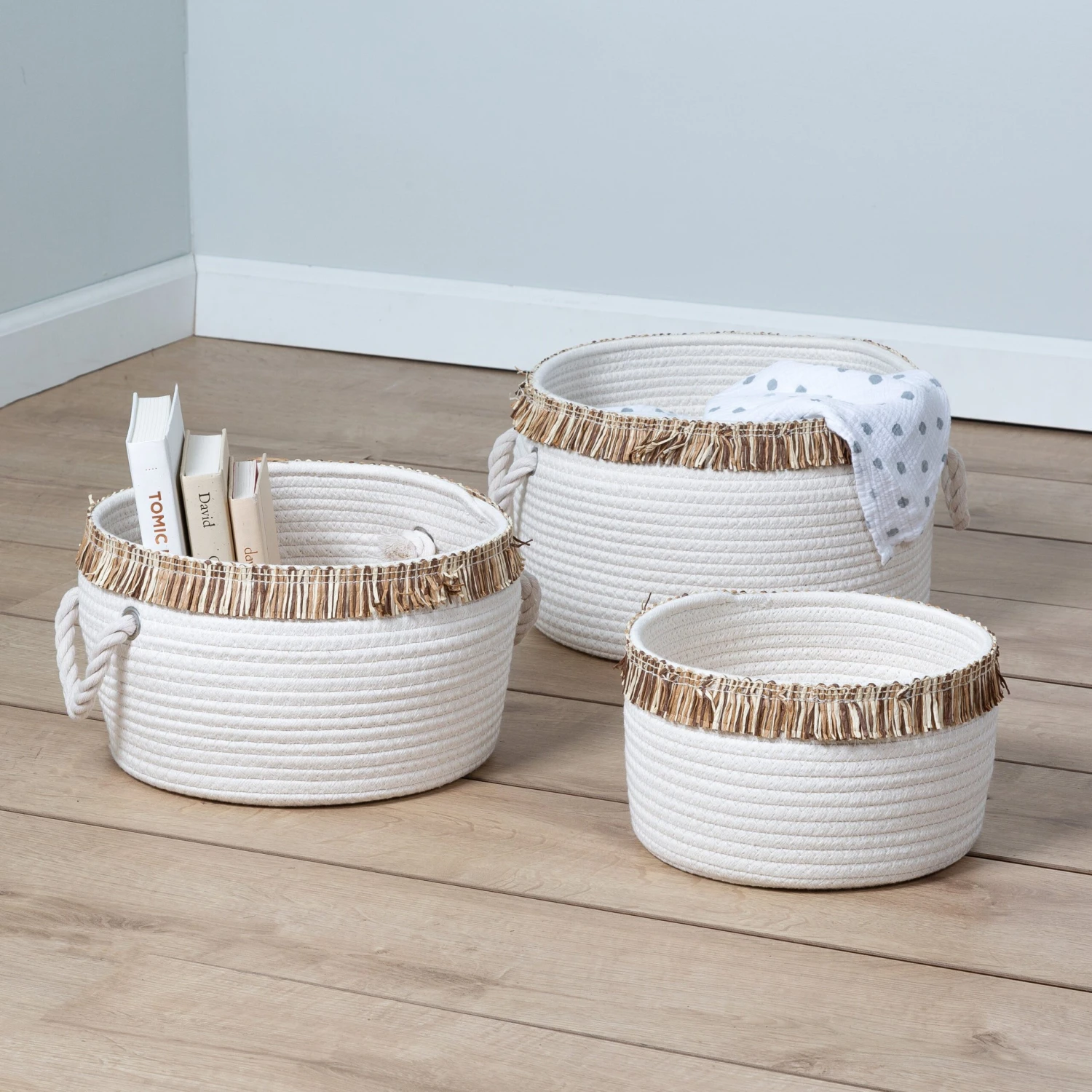 White/Natural Cotton Rope Nesting Baskets With Fringe (Set Of 3) - Image 3