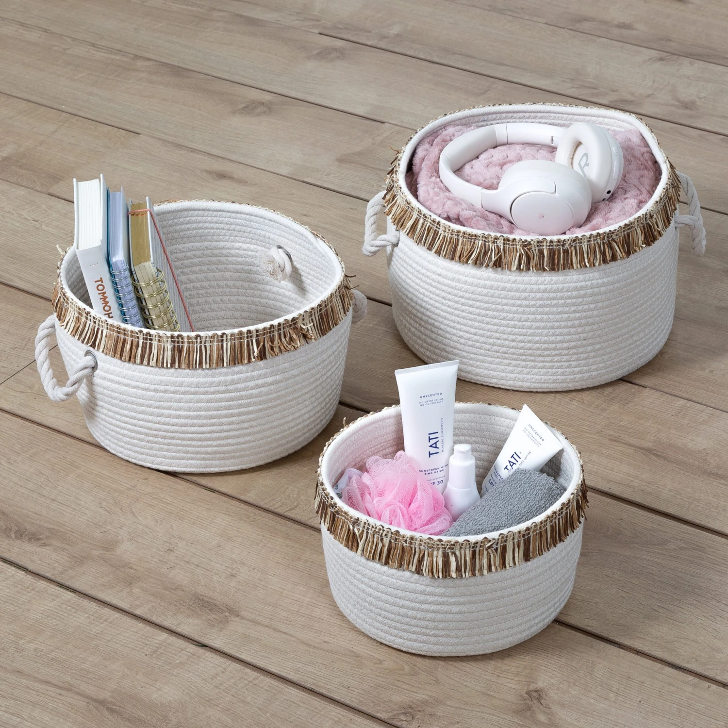 White/Natural Cotton Rope Nesting Baskets With Fringe (Set Of 3) - Image 4