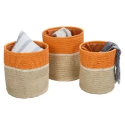 Orange/Natural Paper Straw Nesting Baskets With Handles (Set Of 3)