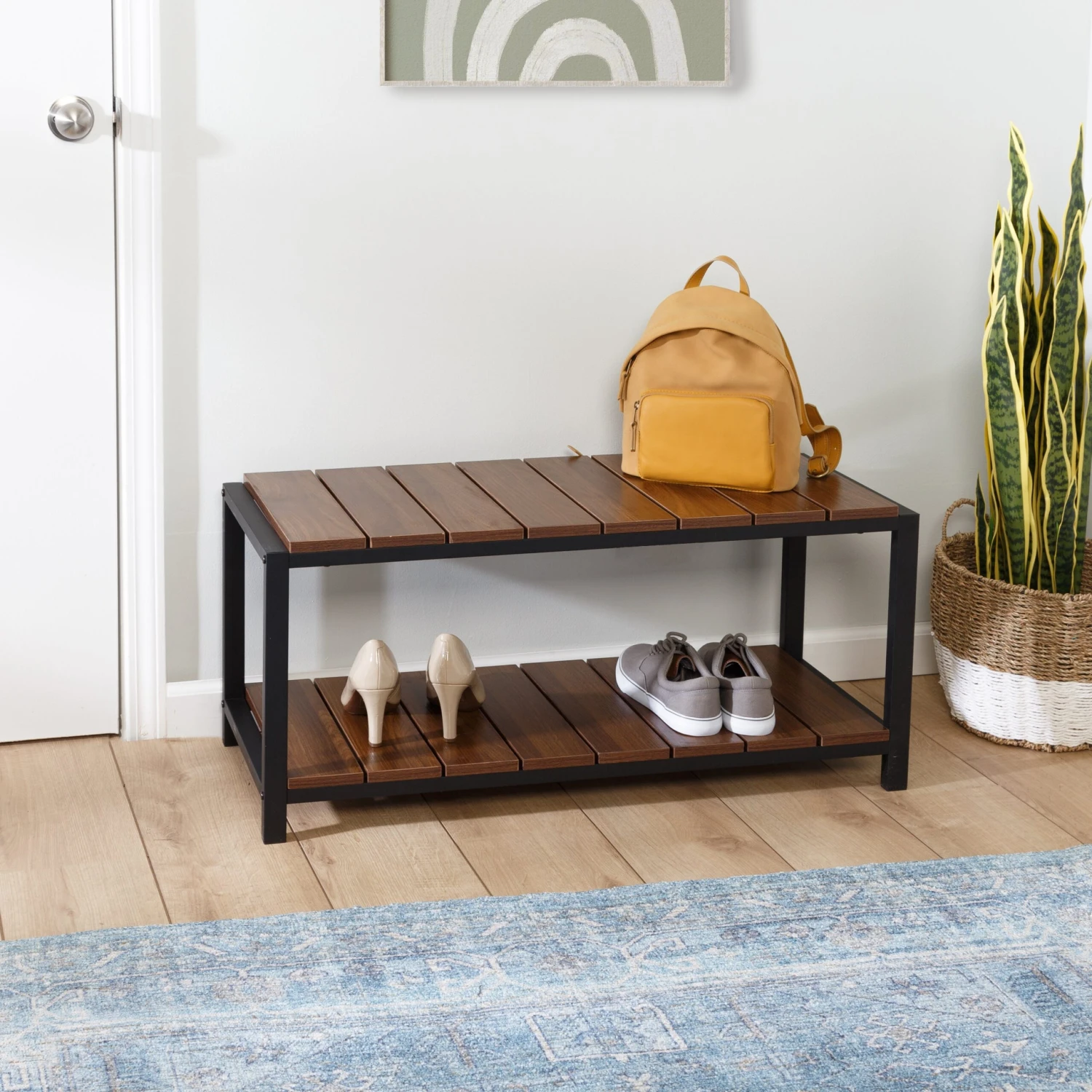Walnut/Black 2-Tier Shoe Storage Bench - Image 2