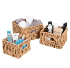 Natural Wicker Square Nested Baskets With Handles (Set Of 3)