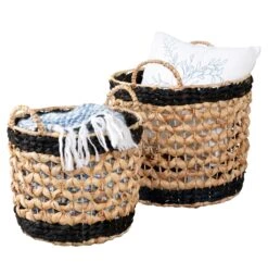 Natural/Black Round Decorative Wicker Baskets With Handles (Set Of 2)