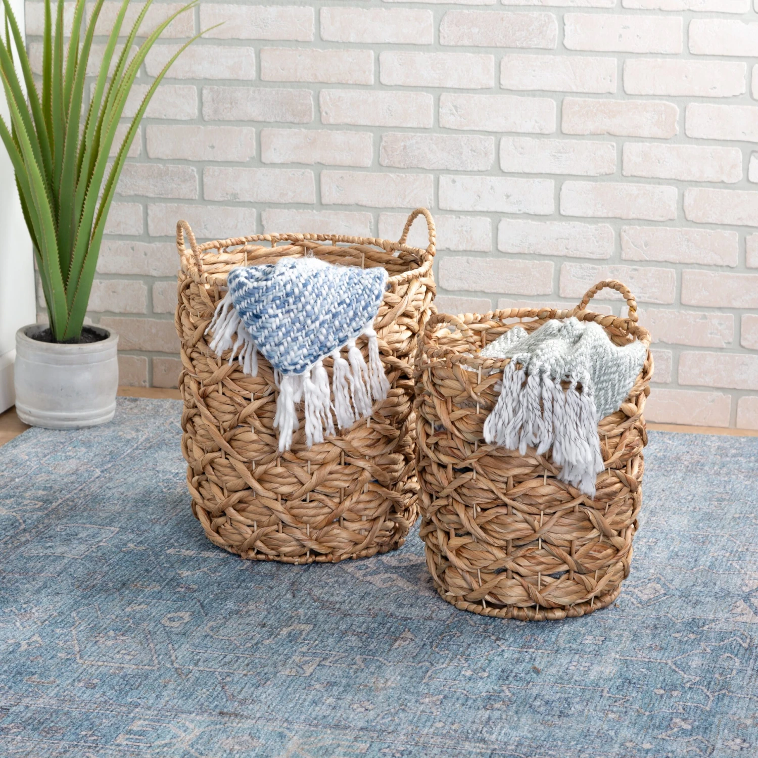 Natural Round Decorative Wicker Baskets With Handles (Set Of 2) - Image 2