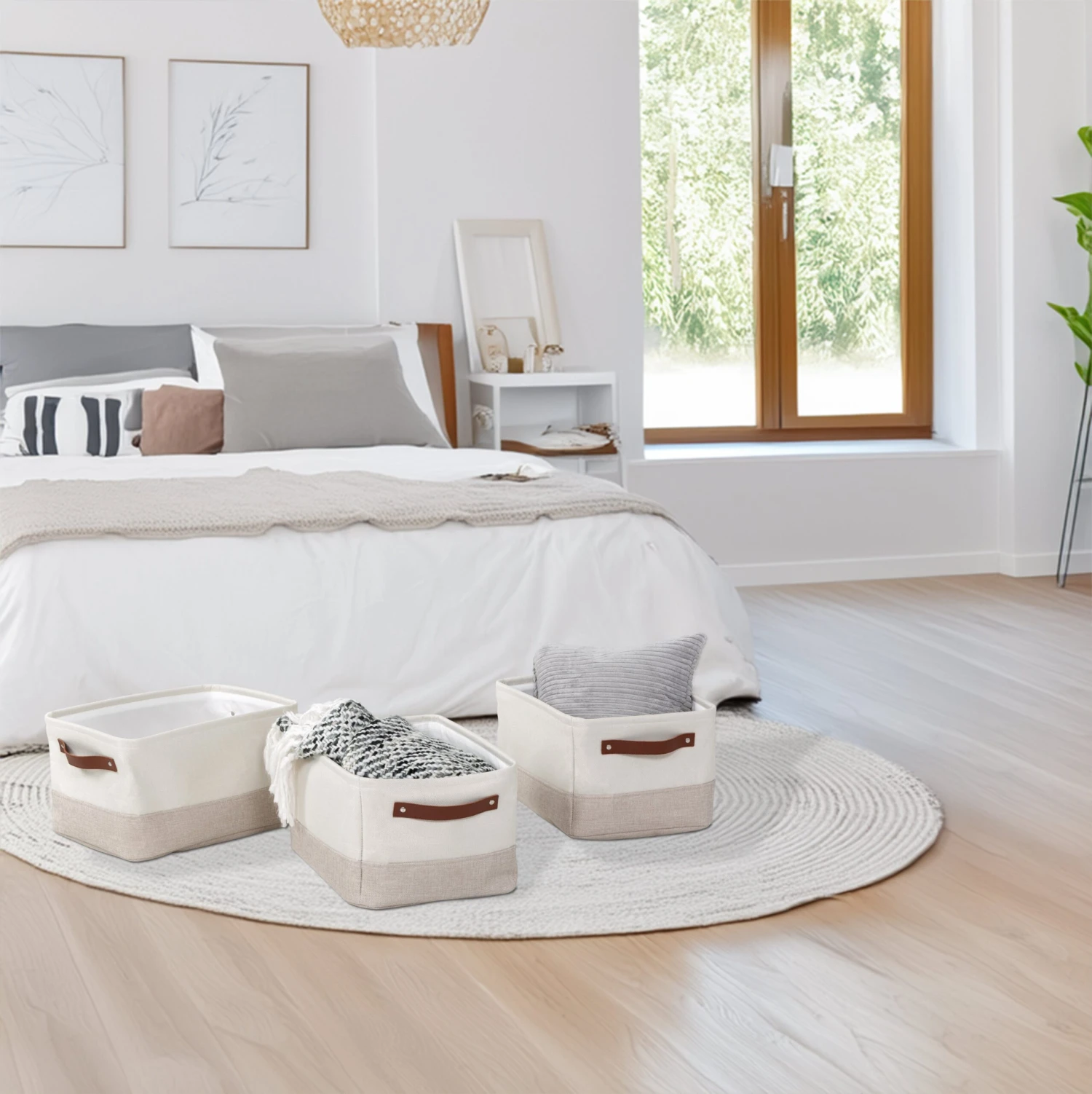 White/Beige 3-Pack Decorative Canvas Storage Bins With Handles - Image 2