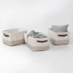 White/Beige 3-Pack Decorative Canvas Storage Bins With Handles