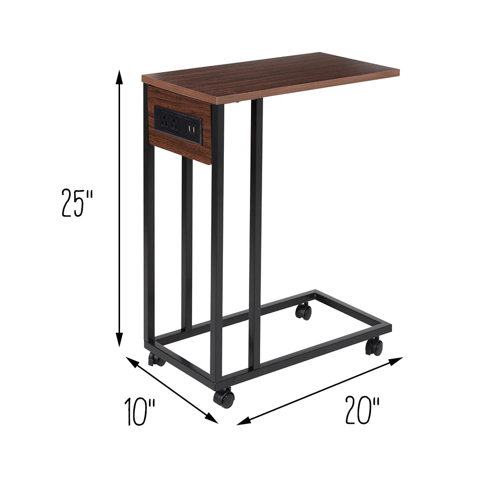 Walnut/Black C-Shaped Side Table With Outlets And Wheels - Image 3