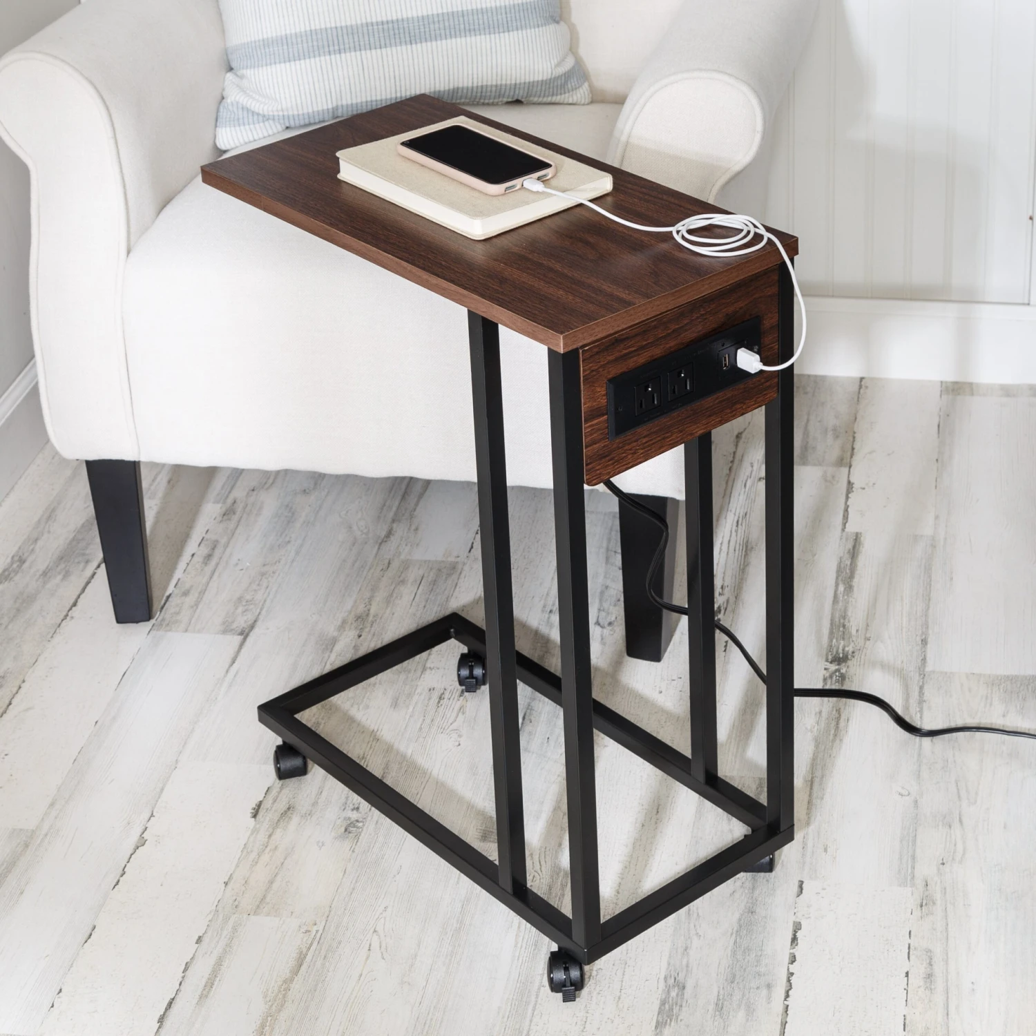 Walnut/Black C-Shaped Side Table With Outlets And Wheels - Image 2