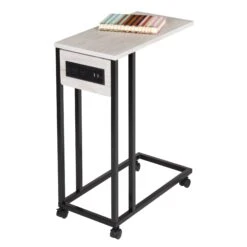 Gray/Black C-Shaped Side Table With Outlets And Wheels