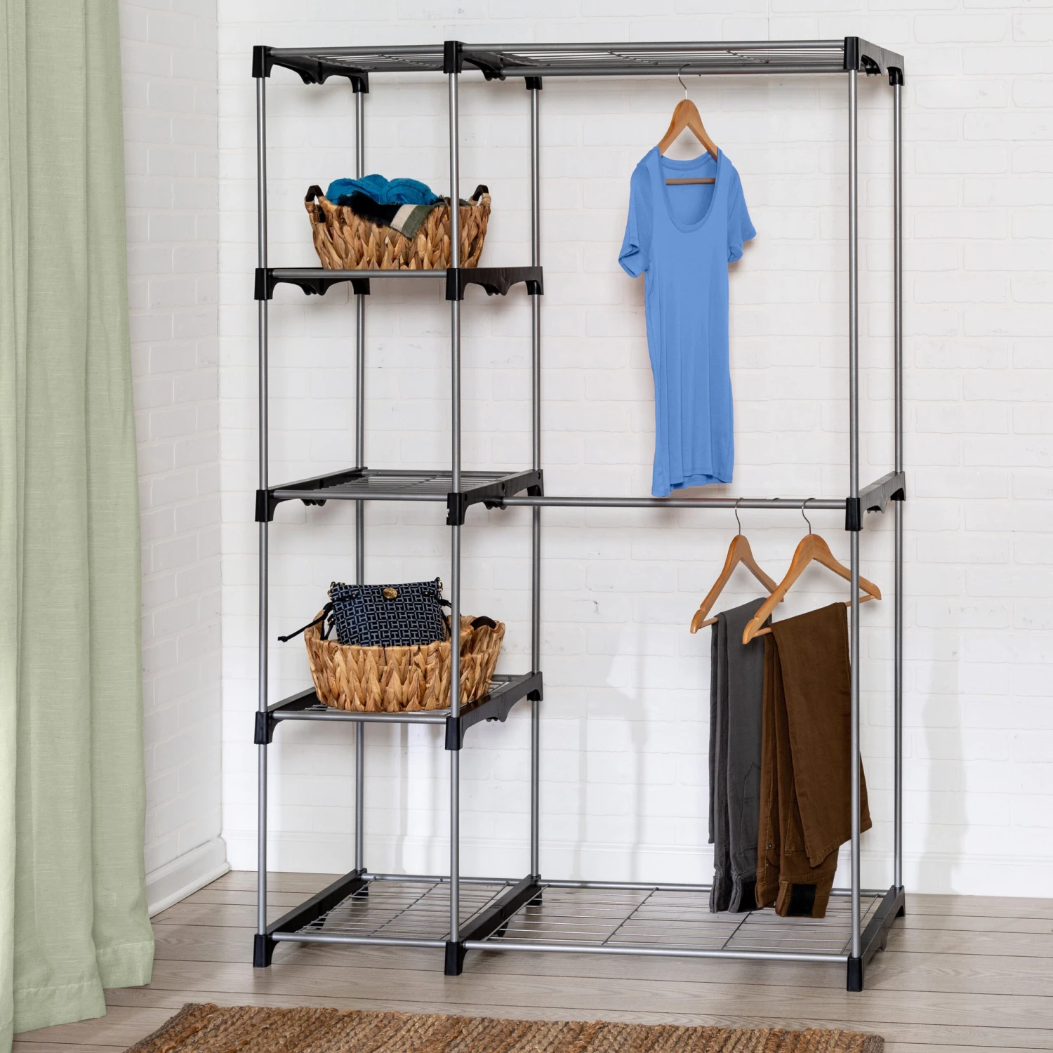 Silver/Black Freestanding Closet With Double Bar And Shelves - Image 2