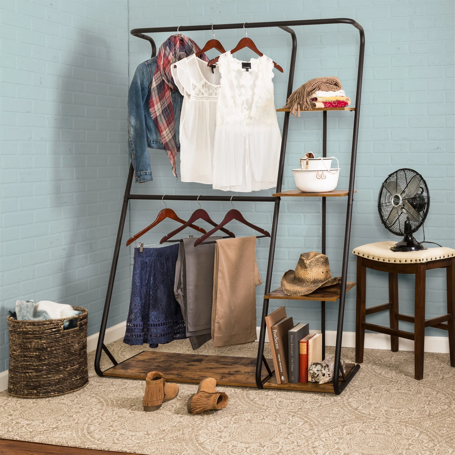Black/Rustic Freestanding 2-Rod Open Closet With 3 Shelves - Image 2