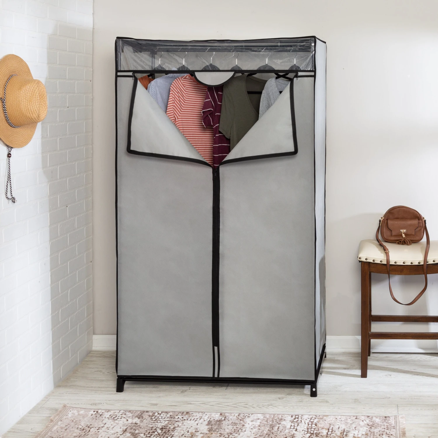 Gray 36-Inch Wide Double Door Portable Wardrobe Closet - Image 2