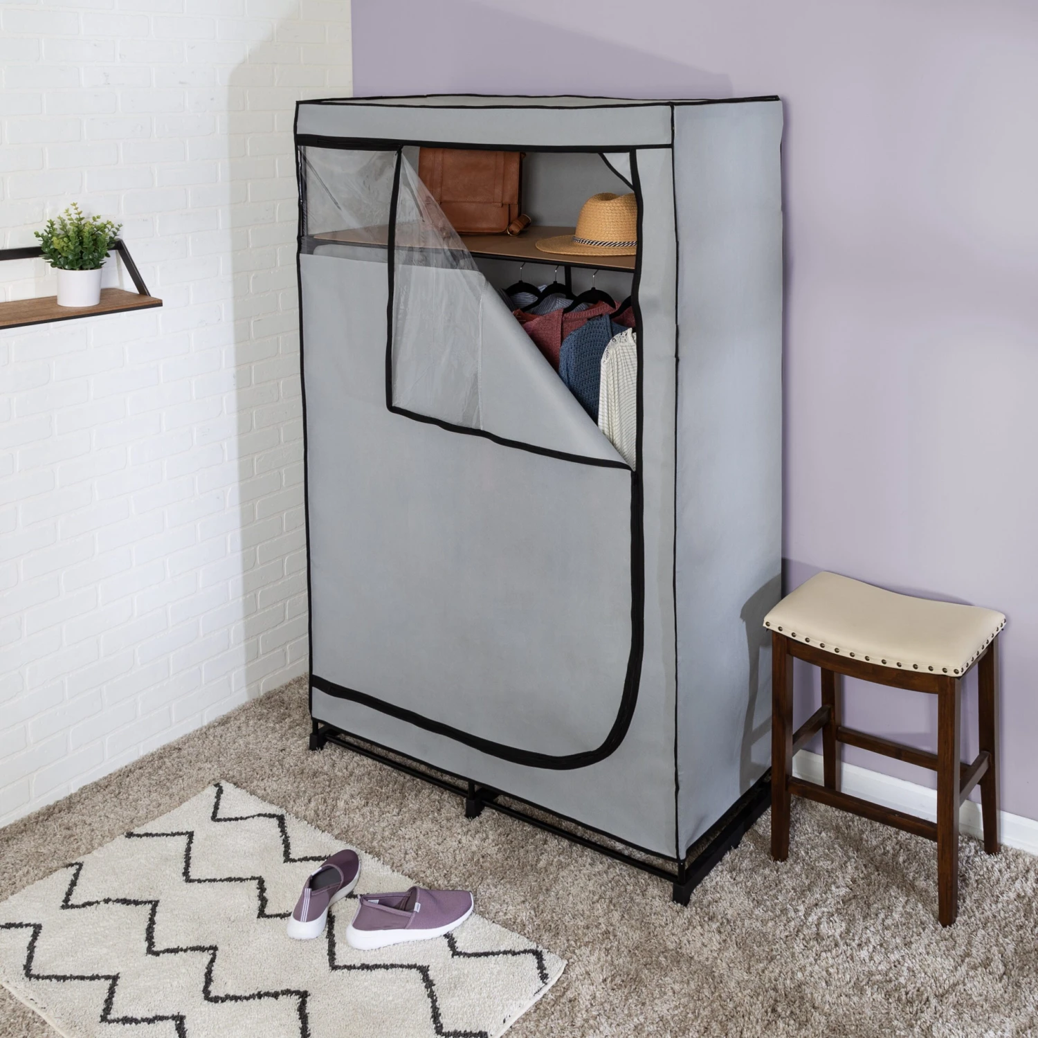 Gray 46-Inch Wide Portable Wardrobe Closet With Shelf - Image 2