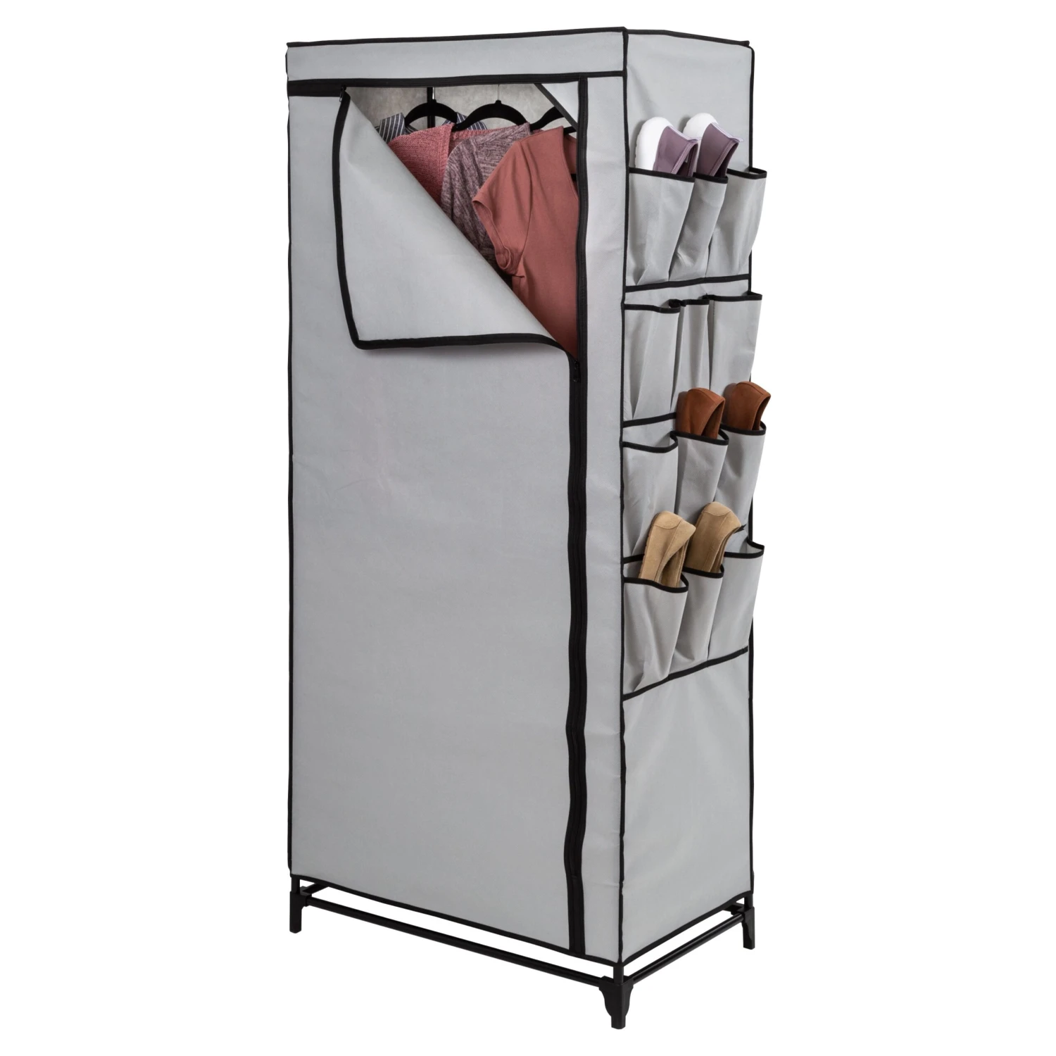 Gray 27-Inch Wide Portable Wardrobe Closet With Cover And Side Pockets