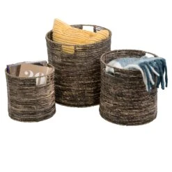 Brown Maize Woven Round Nesting Baskets (Set Of 3)