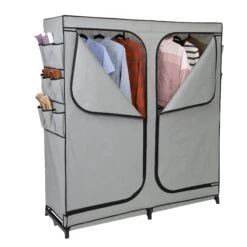 Gray 60-Inch Wide 2-Door Portable Wardrobe Closet With Side Pockets