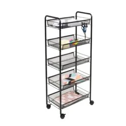 Black 5-Tier Storage Cart With 4 Hooks