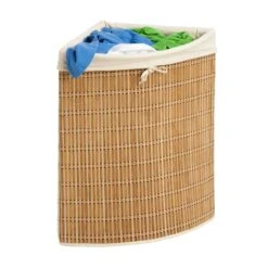 Natural Bamboo Wicker Corner Hamper With Laundry Bag